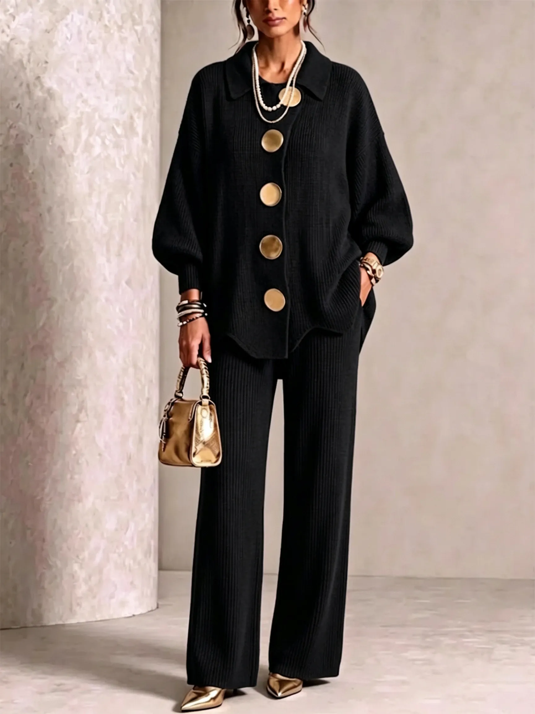 Elegant Knit Cardigan Wide‑Leg Pant Two‑Piece Outfit