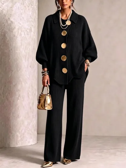 Elegant Knit Cardigan Wide‑Leg Pant Two‑Piece Outfit