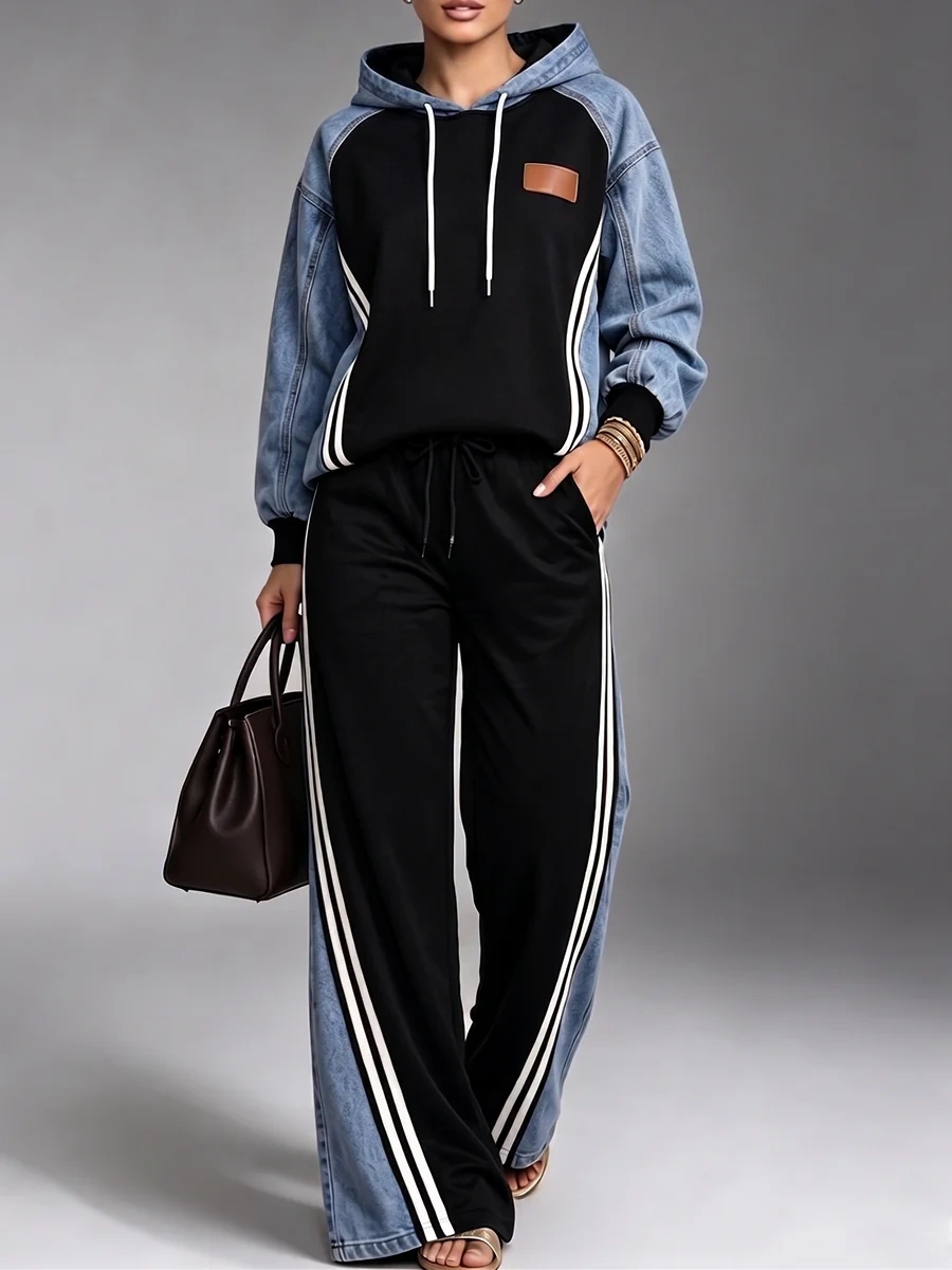 Denim‑Patchwork Hooded Sporty Two Piece Suit