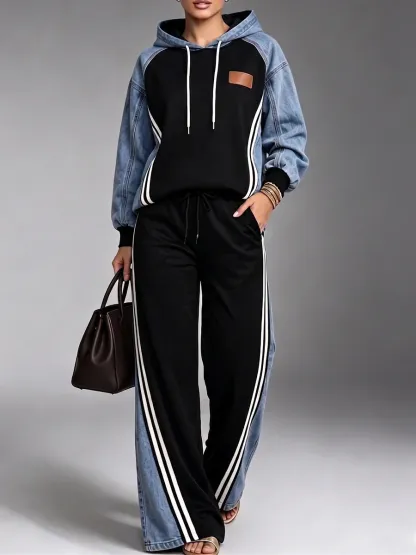 Denim‑Patchwork Hooded Sporty Two Piece Suit