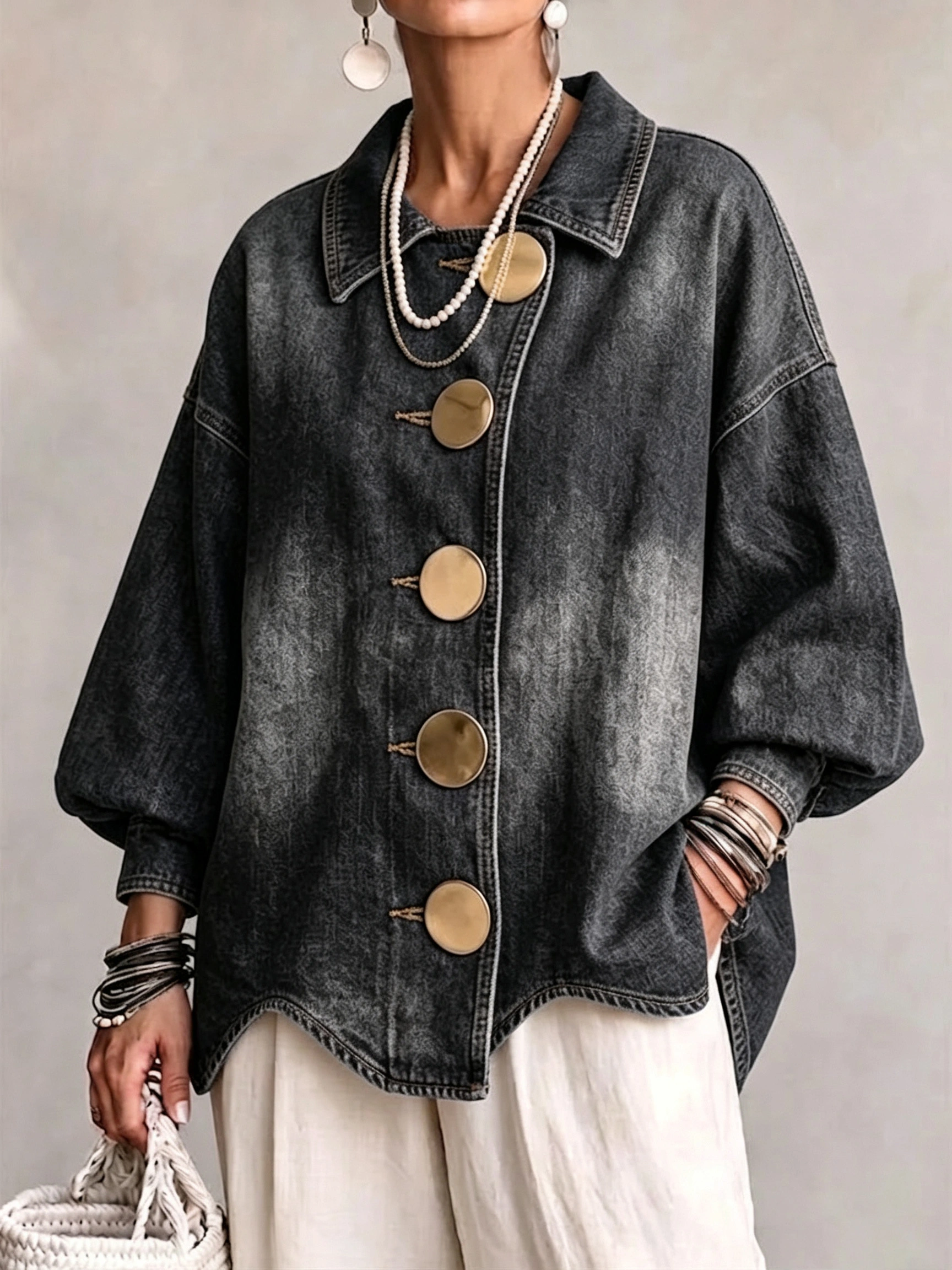 Boho Oversized Denim Jacket With Statement Gold Buttons