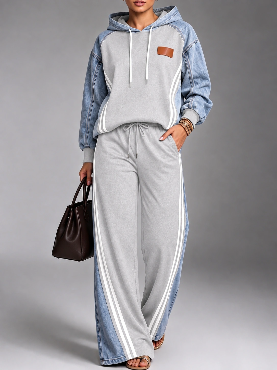 Denim‑Patchwork Hooded Sporty Two Piece Suit