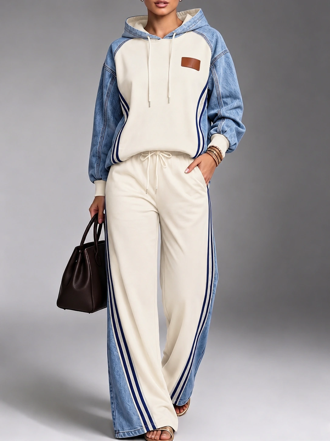 Denim‑Patchwork Hooded Sporty Two Piece Suit