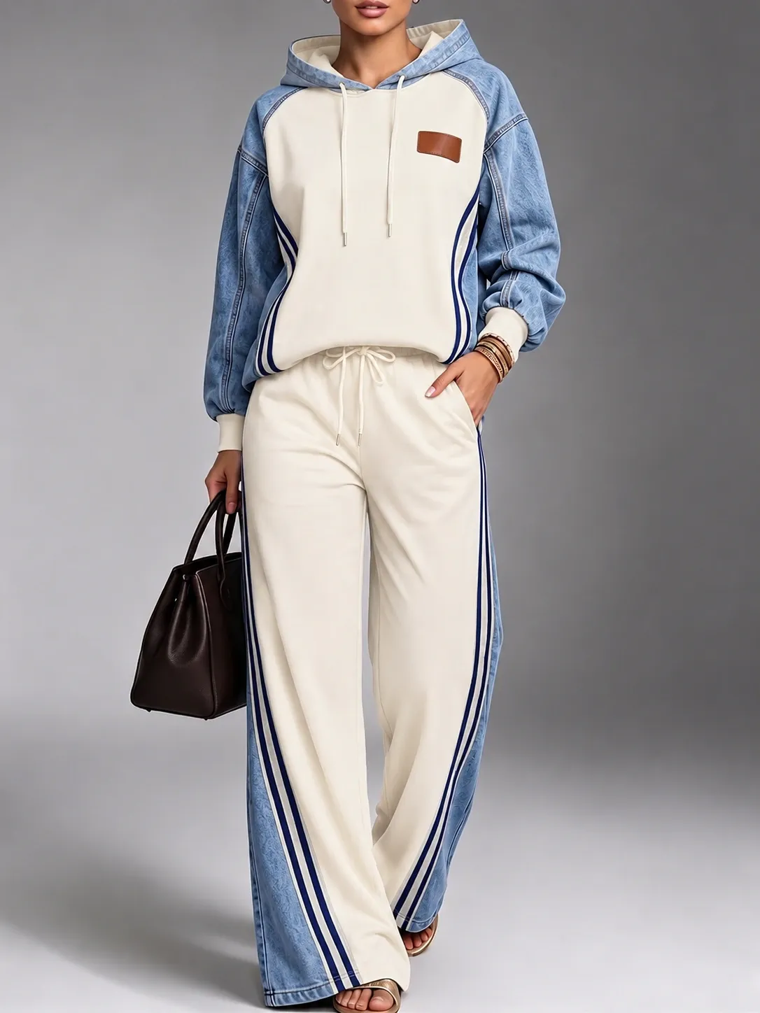 Denim‑Patchwork Hooded Sporty Two Piece Suit