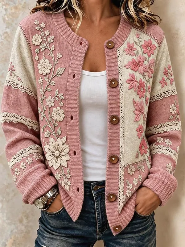 Floral Embroidered Lace Spliced Knit Cardigan