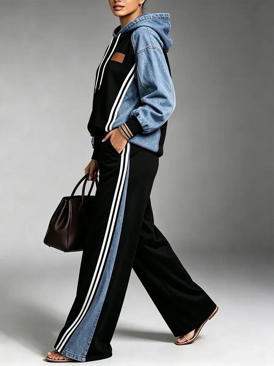 Denim‑Patchwork Hooded Sporty Two Piece Suit