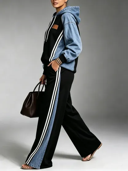 Denim‑Patchwork Hooded Sporty Two Piece Suit