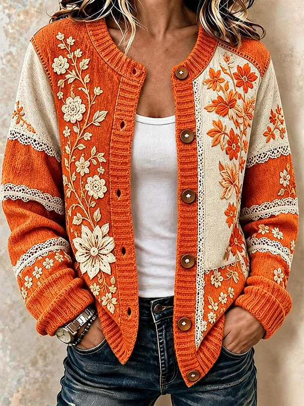 Floral Embroidered Lace Spliced Knit Cardigan