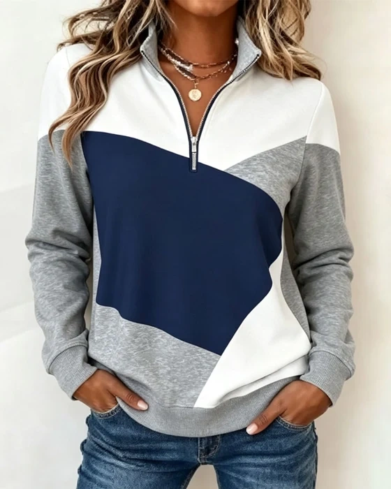 Colour Block Half Zip Stand Collar Sweatshirt