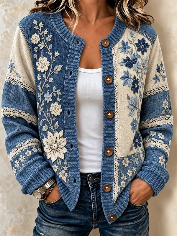 Floral Embroidered Lace Spliced Knit Cardigan
