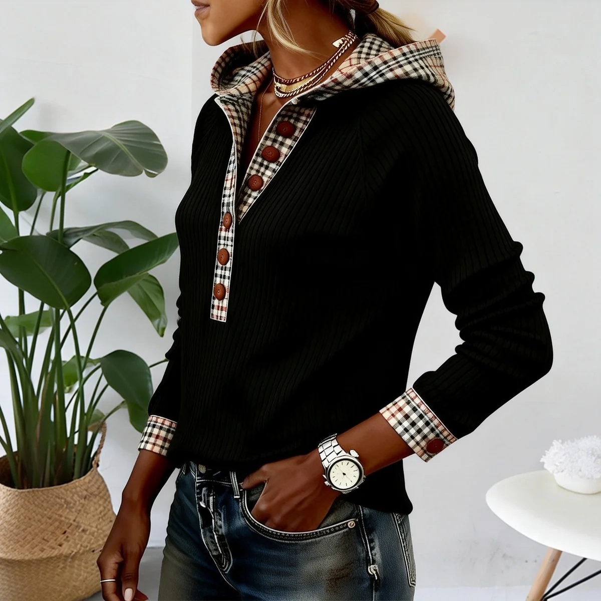 Check Trim Long Sleeve Knit Hoodie