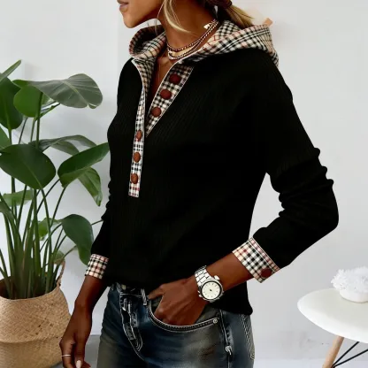 Check Trim Long Sleeve Knit Hoodie