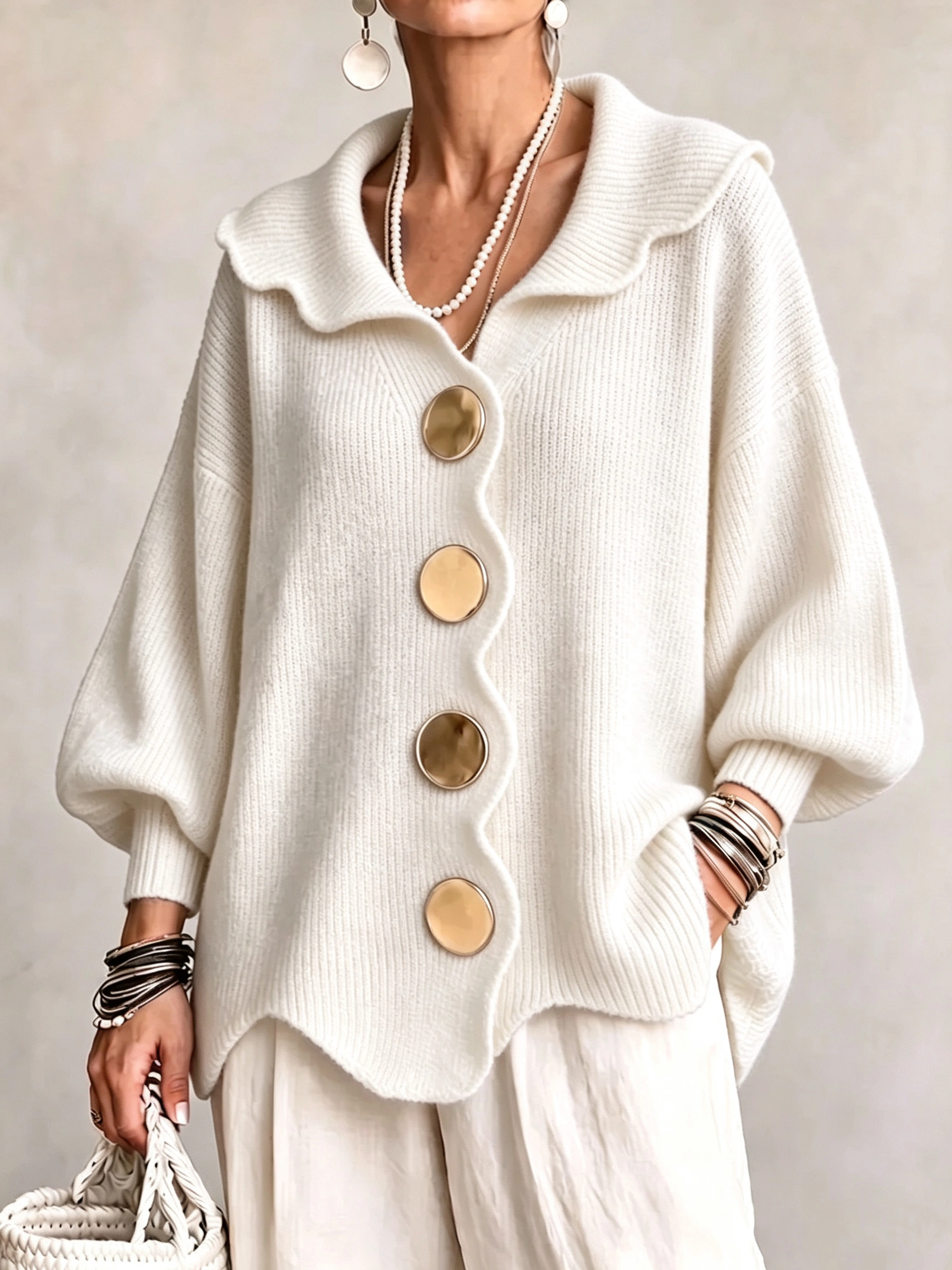 Scalloped Edge Collared Large Button Knit Cardigan