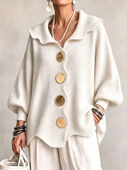 Scalloped Edge Collared Large Button Knit Cardigan