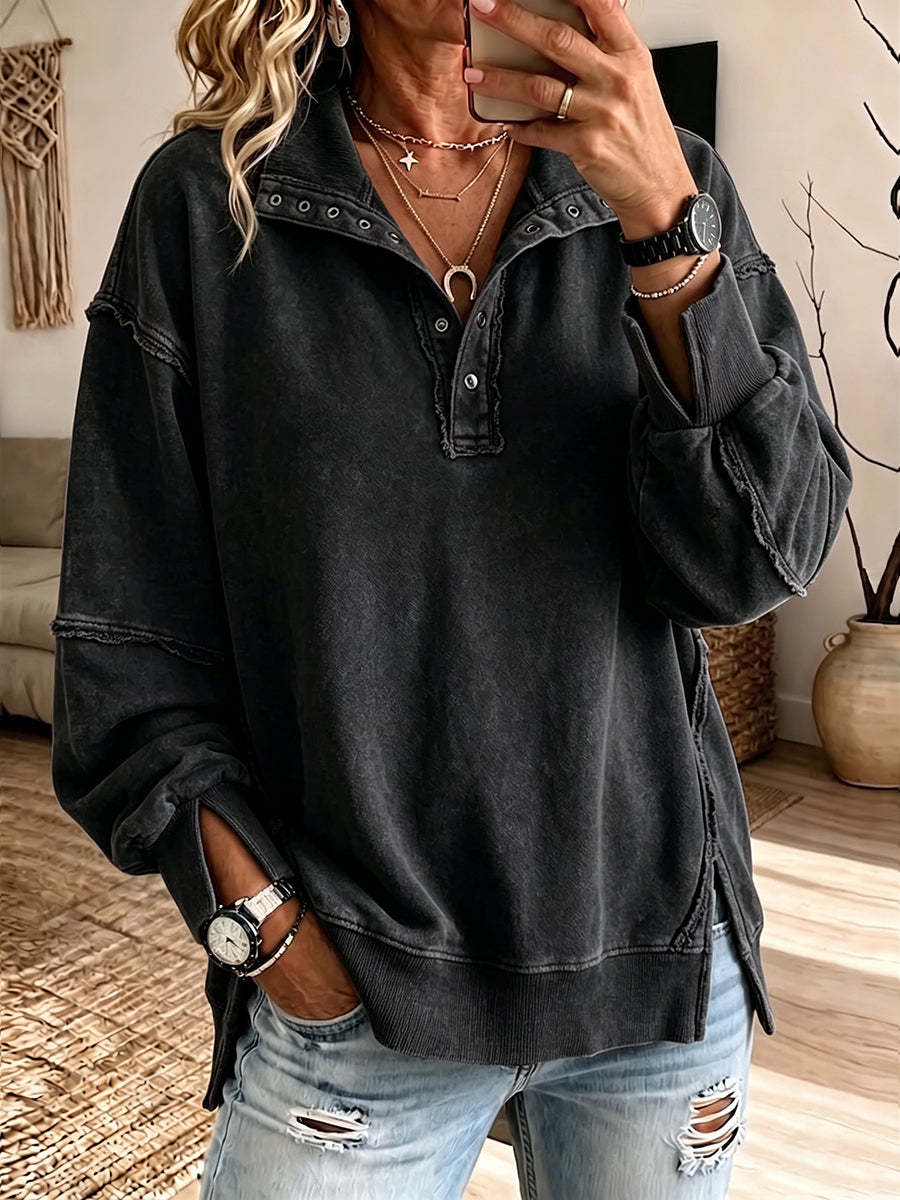 Last day 50% OFF🔥Casual Oversized Raw-edge Cotton Henley Sweatshirt