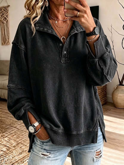 Last day 50% OFF🔥Casual Oversized Raw-edge Cotton Henley Sweatshirt
