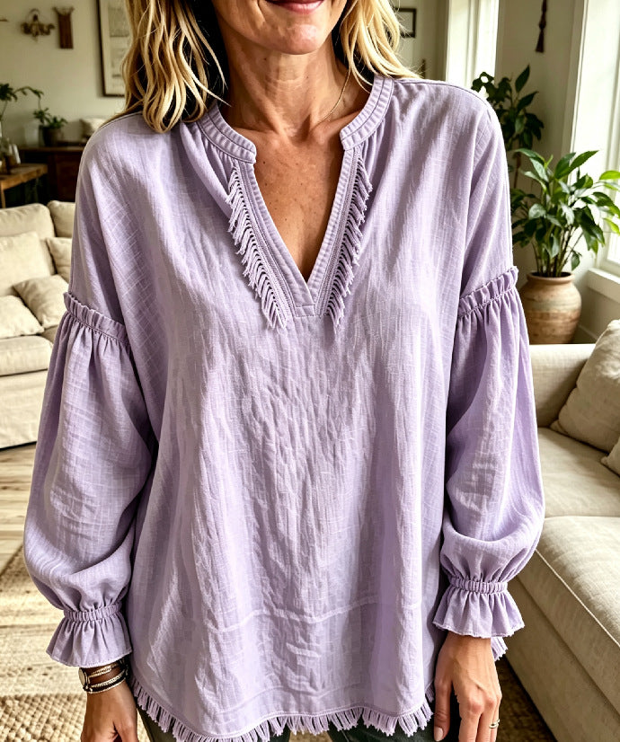 Last day 50% OFF🔥Women Boho Fringe V‑Neck Puff Long Sleeve Blouse Top