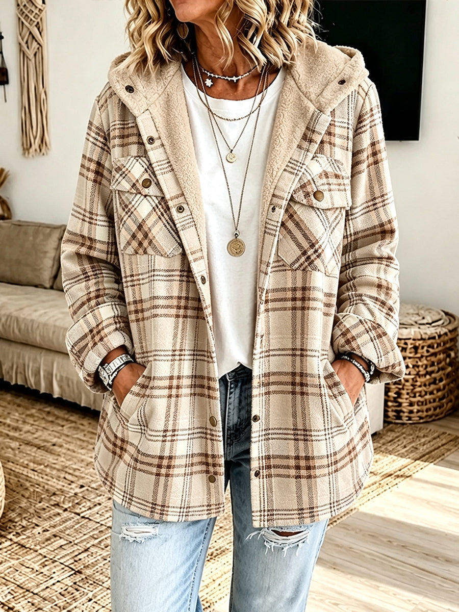 Last day 50% OFF🔥Casual Plaid Fleece Hooded Shacket