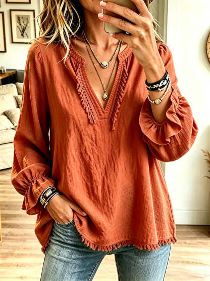 Last day 50% OFF🔥Women Boho Fringe V‑Neck Puff Long Sleeve Blouse Top