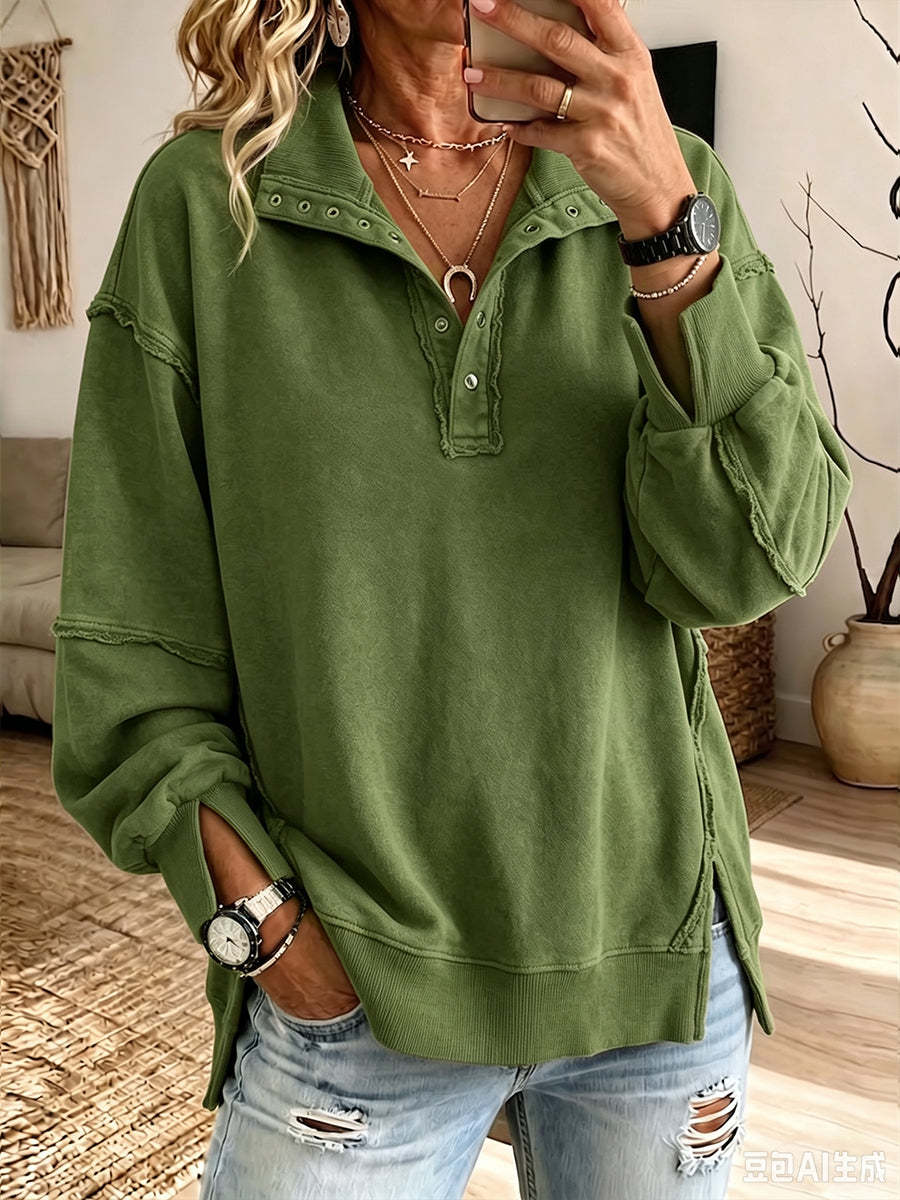 Last day 50% OFF🔥Casual Oversized Raw-edge Cotton Henley Sweatshirt