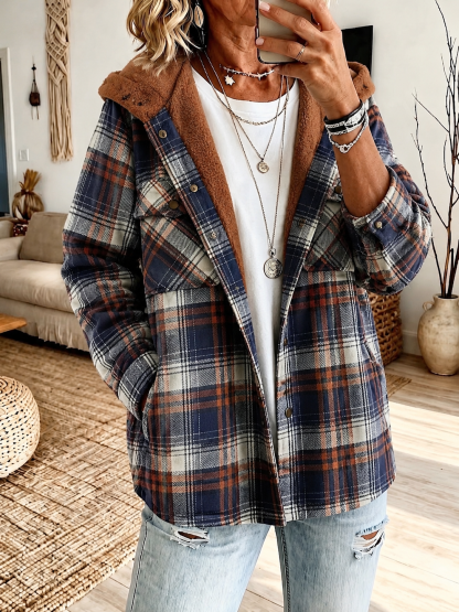 Last day 50% OFF🔥Casual Plaid Fleece Hooded Shacket