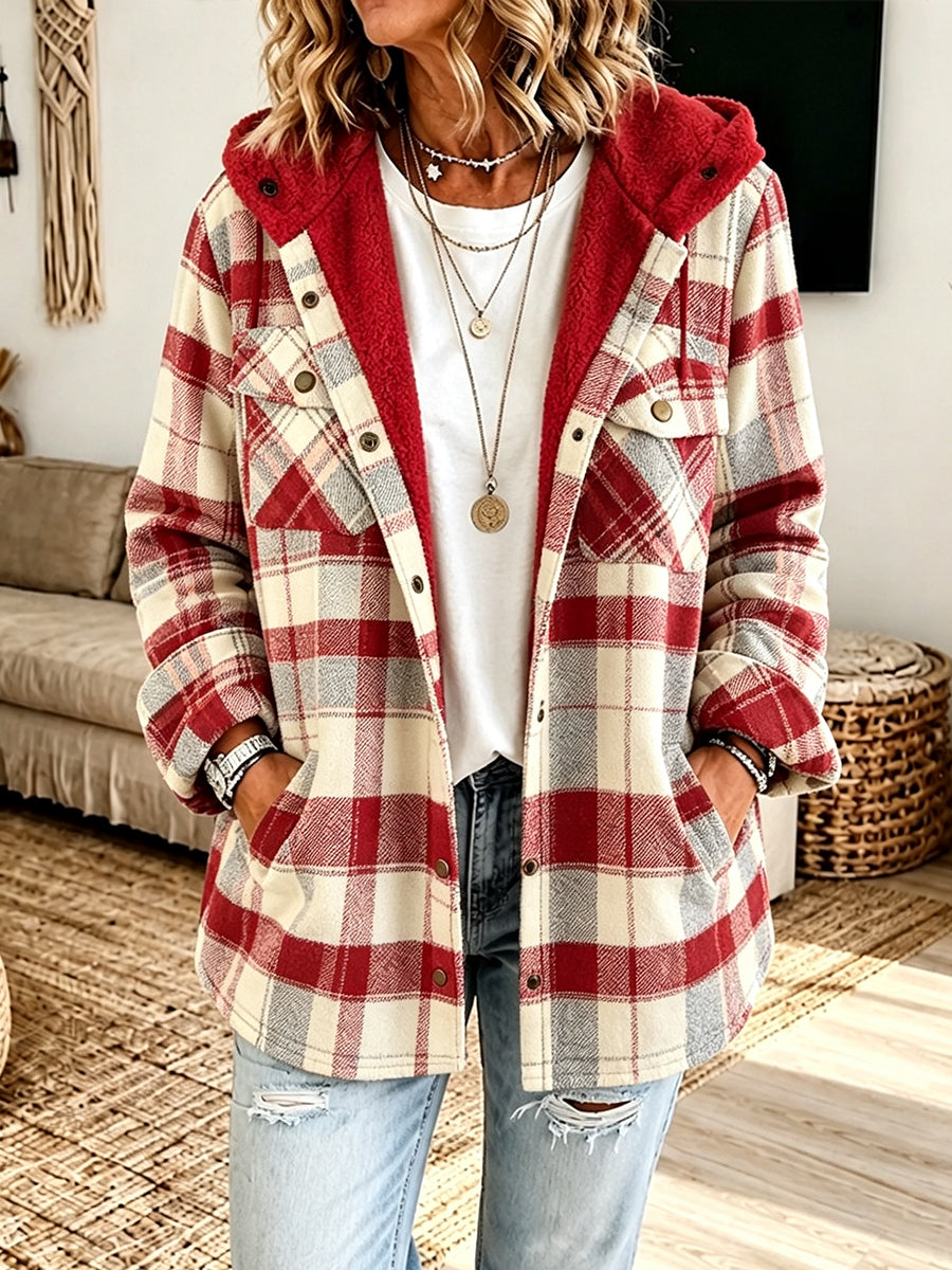 Last day 50% OFF🔥Casual Plaid Fleece Hooded Shacket
