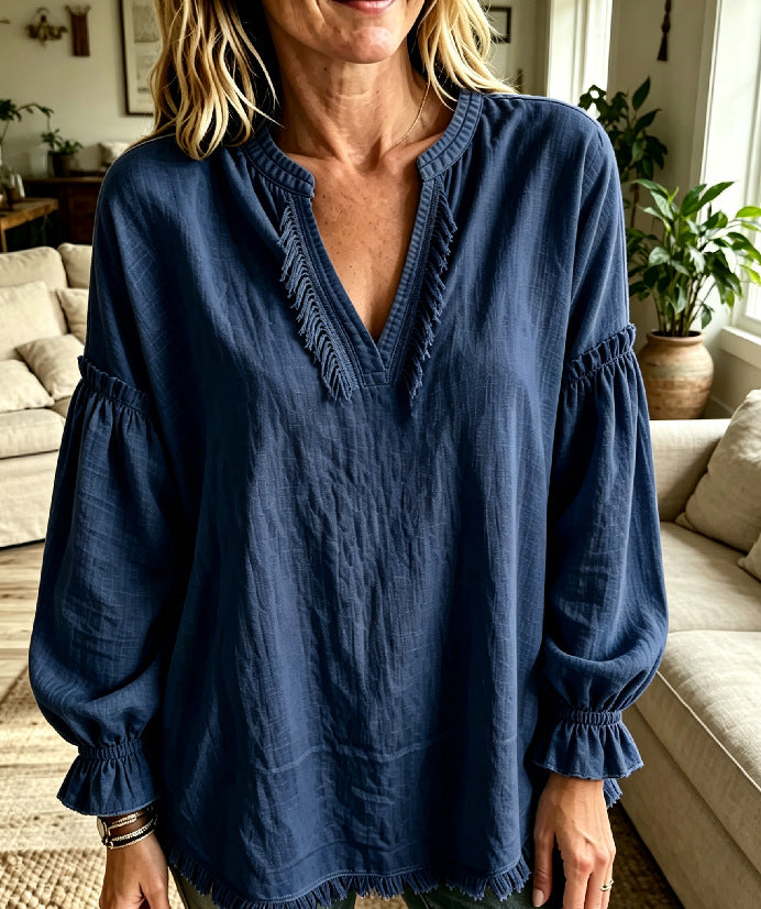 Last day 50% OFF🔥Women Boho Fringe V‑Neck Puff Long Sleeve Blouse Top