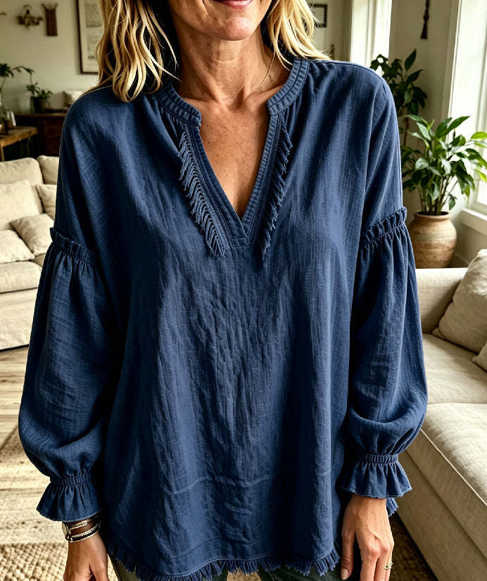 Last day 50% OFF🔥Women Boho Fringe V‑Neck Puff Long Sleeve Blouse Top