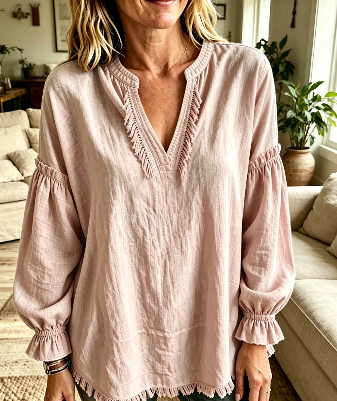 Last day 50% OFF🔥Women Boho Fringe V‑Neck Puff Long Sleeve Blouse Top