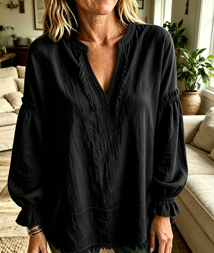 Last day 50% OFF🔥Women Boho Fringe V‑Neck Puff Long Sleeve Blouse Top
