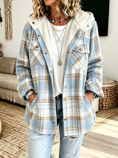 Last day 50% OFF🔥Casual Plaid Fleece Hooded Shacket