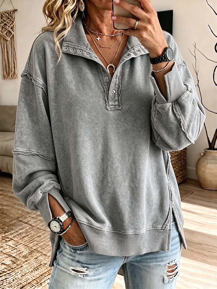 Last day 50% OFF🔥Casual Oversized Raw-edge Cotton Henley Sweatshirt