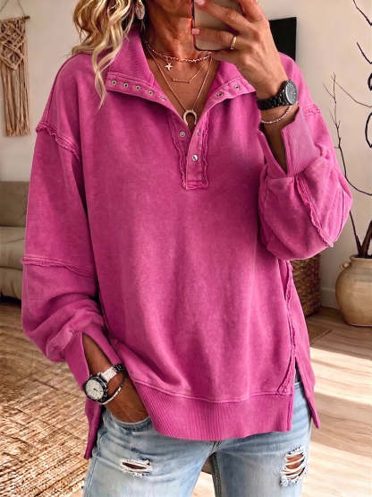 Last day 50% OFF🔥Casual Oversized Raw-edge Cotton Henley Sweatshirt