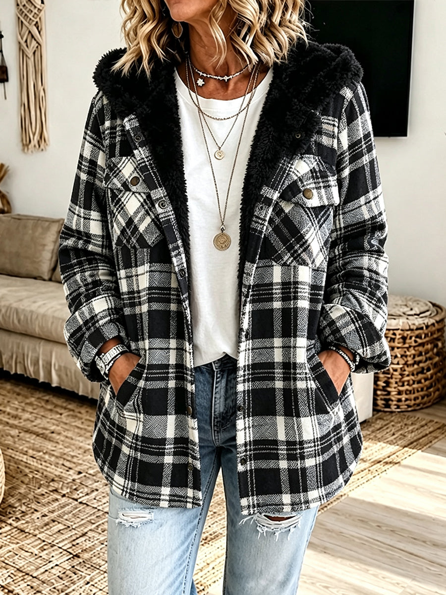 Last day 50% OFF🔥Casual Plaid Fleece Hooded Shacket