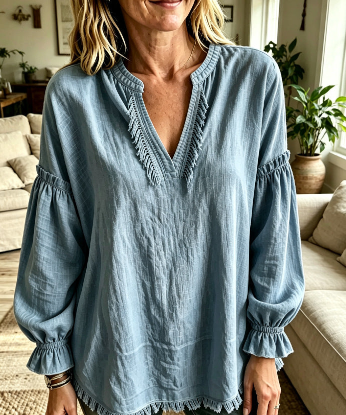Last day 50% OFF🔥Women Boho Fringe V‑Neck Puff Long Sleeve Blouse Top