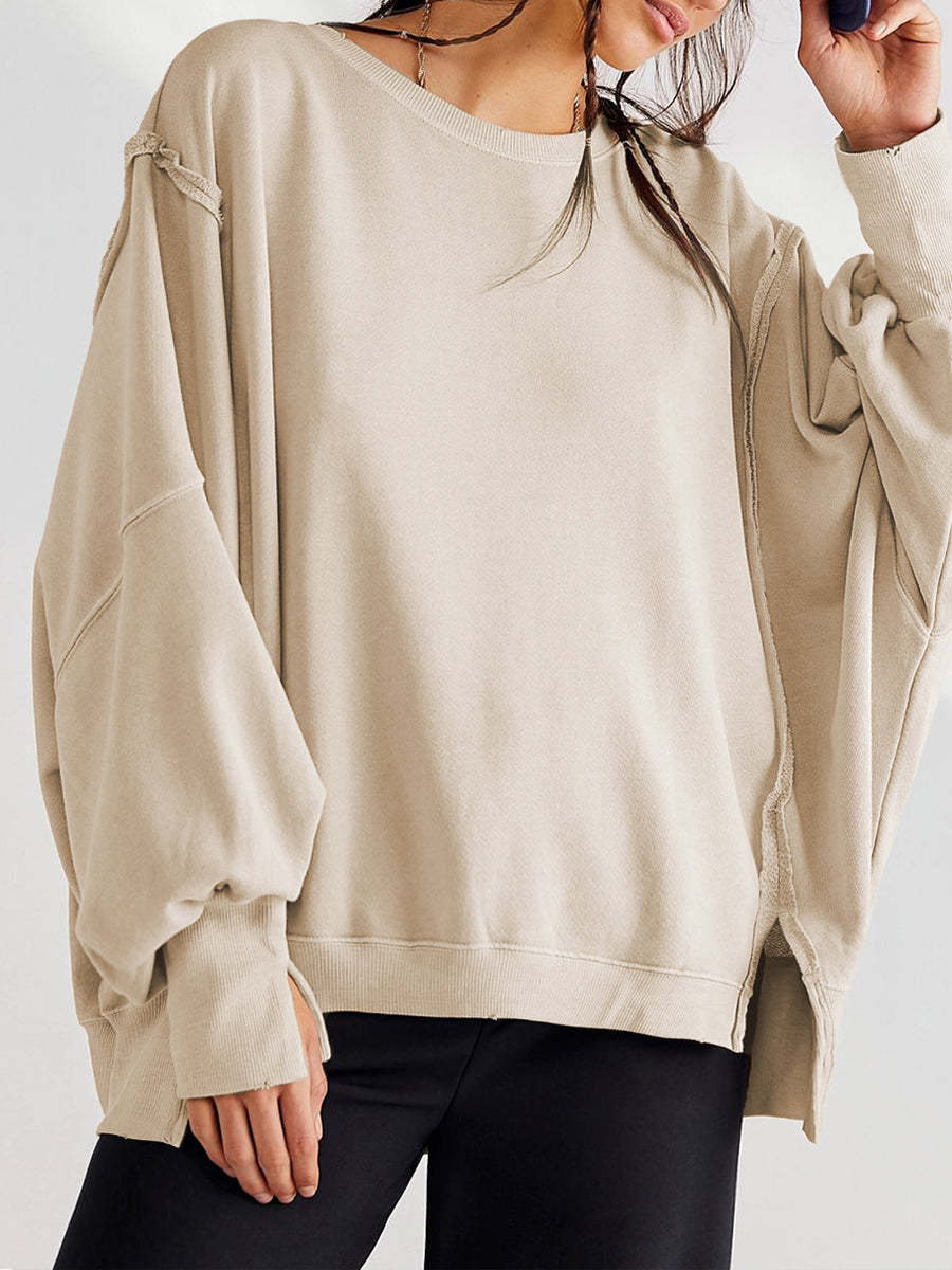 Casual Oversized Cotton Crew-neck Sweatshirt With Exposed Seams