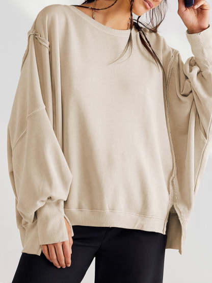 Casual Oversized Cotton Crew-neck Sweatshirt With Exposed Seams