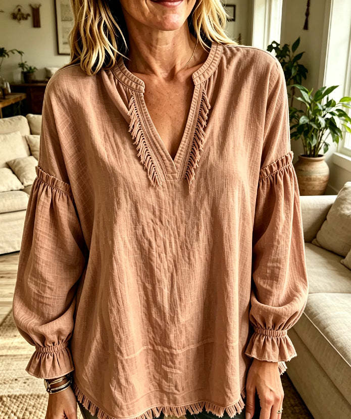 Last day 50% OFF🔥Women Boho Fringe V‑Neck Puff Long Sleeve Blouse Top