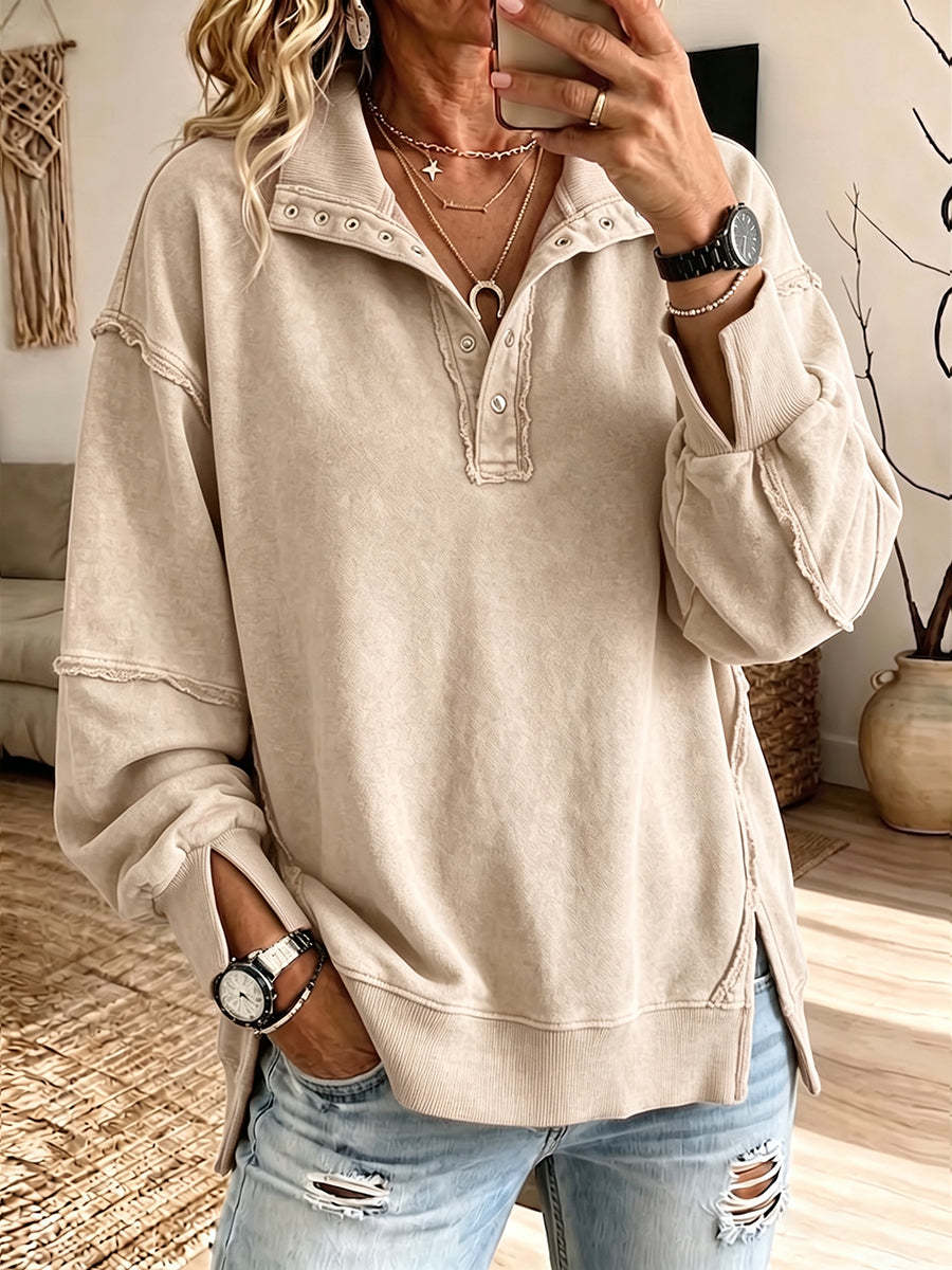 Last day 50% OFF🔥Casual Oversized Raw-edge Cotton Henley Sweatshirt