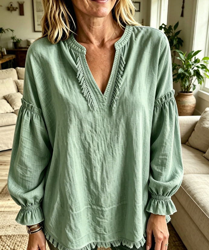 Last day 50% OFF🔥Women Boho Fringe V‑Neck Puff Long Sleeve Blouse Top