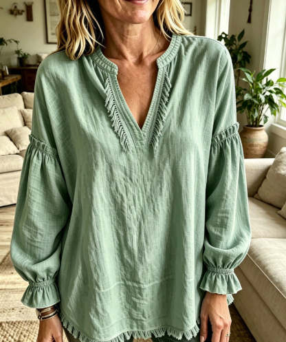 Last day 50% OFF🔥Women Boho Fringe V‑Neck Puff Long Sleeve Blouse Top