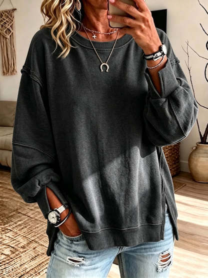 Casual Oversized Cotton Crew-neck Sweatshirt With Exposed Seams