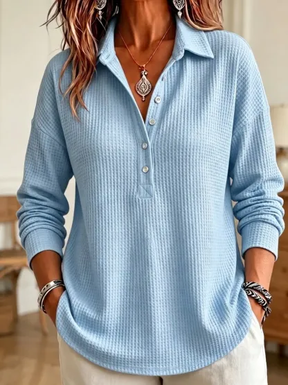 CLEARANCE SALE🔥 Women's Casual Waffle Knit Collared Henley Long Sleeve Shirt