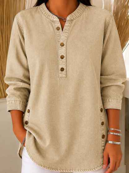 Women's Retro V-neck Long-sleeved Casual Button-up Loose Denim Top