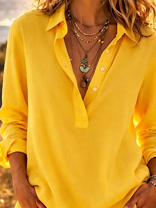 Women's Linen Shirts Summer Shirt Beach Wear Blouse Buttons Solid Color Stylish Basic Casual Long Sleeve Shirt