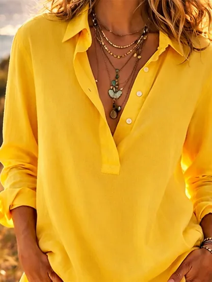 Women's Linen Shirts Summer Shirt Beach Wear Blouse Buttons Solid Color Stylish Basic Casual Long Sleeve Shirt