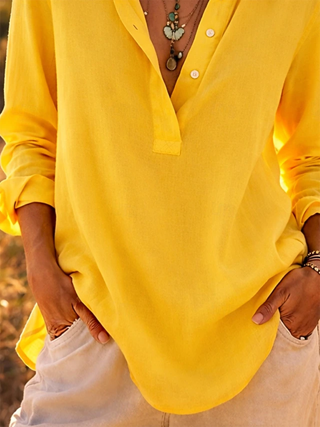 Women's Linen Shirts Summer Shirt Beach Wear Blouse Buttons Solid Color Stylish Basic Casual Long Sleeve Shirt