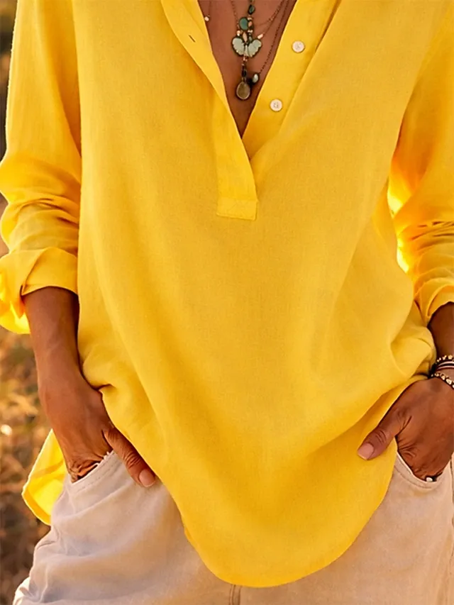 Women's Linen Shirts Summer Shirt Beach Wear Blouse Buttons Solid Color Stylish Basic Casual Long Sleeve Shirt