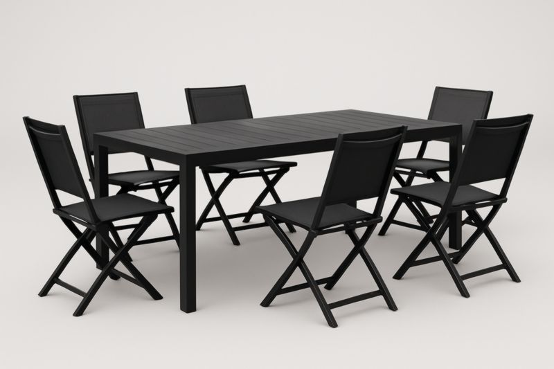 Pour jardin ensemble table à manger rectangulaire en aluminium noir avec 6 chaises pliantes
