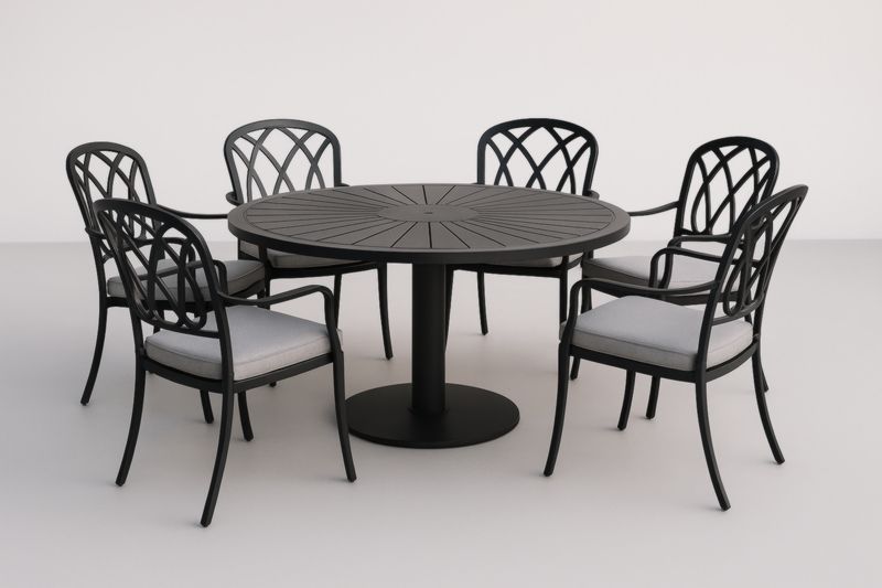 Ensemble de table ronde en aluminium noir avec 6 chaises coussinées pour jardin